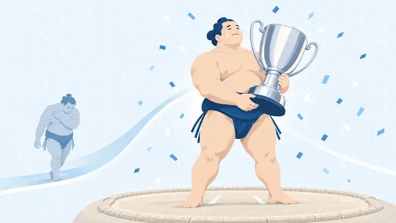 苦しい1年を越えて賜杯を抱く力士のイラスト